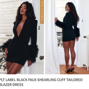 Black Faux Shearling Cuff Tailored Blazer Dress